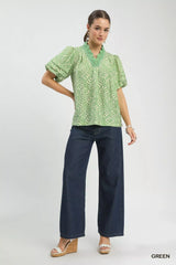 Umgee Printed Puff Sleeve Ruffle Neck Top - Trendsi - Flyclothing LLC