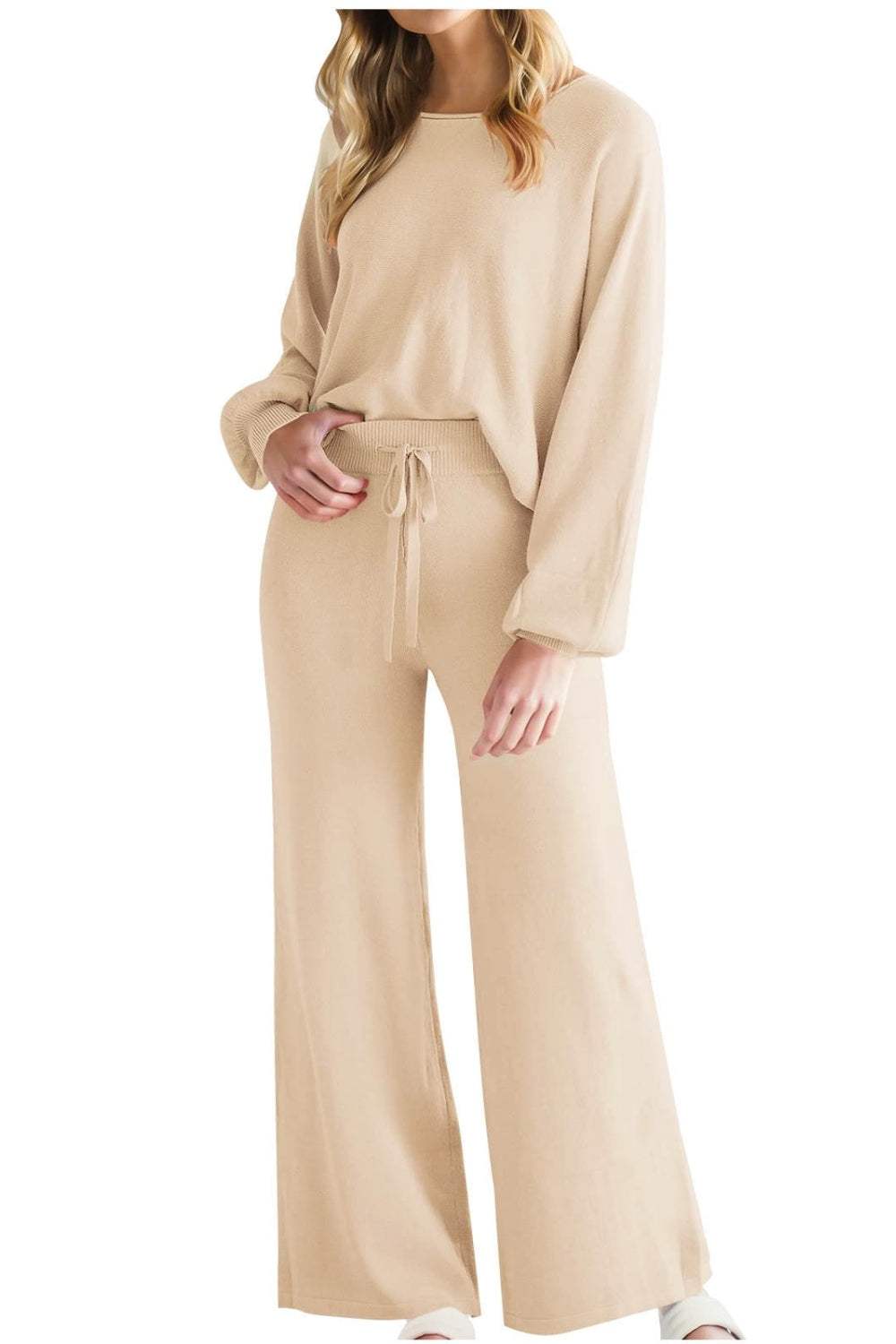 Round Neck Long Sleeve Top and Pants Set - Trendsi - Flyclothing LLC