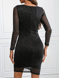 Metallic Ruffled V-Neck Long Sleeve Mini Dress - Trendsi