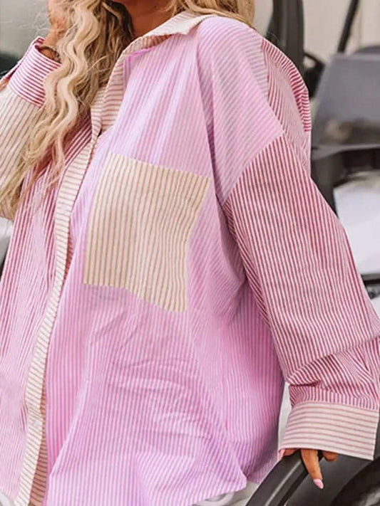 Plus Size Striped Collared Neck Long Sleeve Shirt - Trendsi - Flyclothing LLC