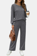 Round Neck Long Sleeve Top and Pants Set - Trendsi