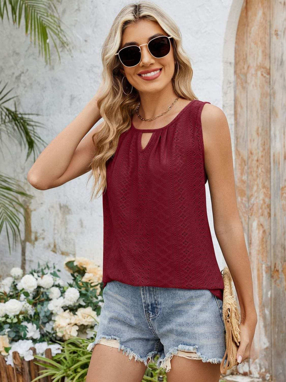 Eyelet Cutout Round Neck Tank - Trendsi - Flyclothing LLC