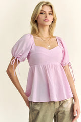 Davi & Dani Solid Elastic Peplum Puffed Sleeves Blouse - Trendsi - Flyclothing LLC