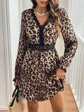 Lace Detail Leopard Flounce Sleeve Mini Dress - Trendsi