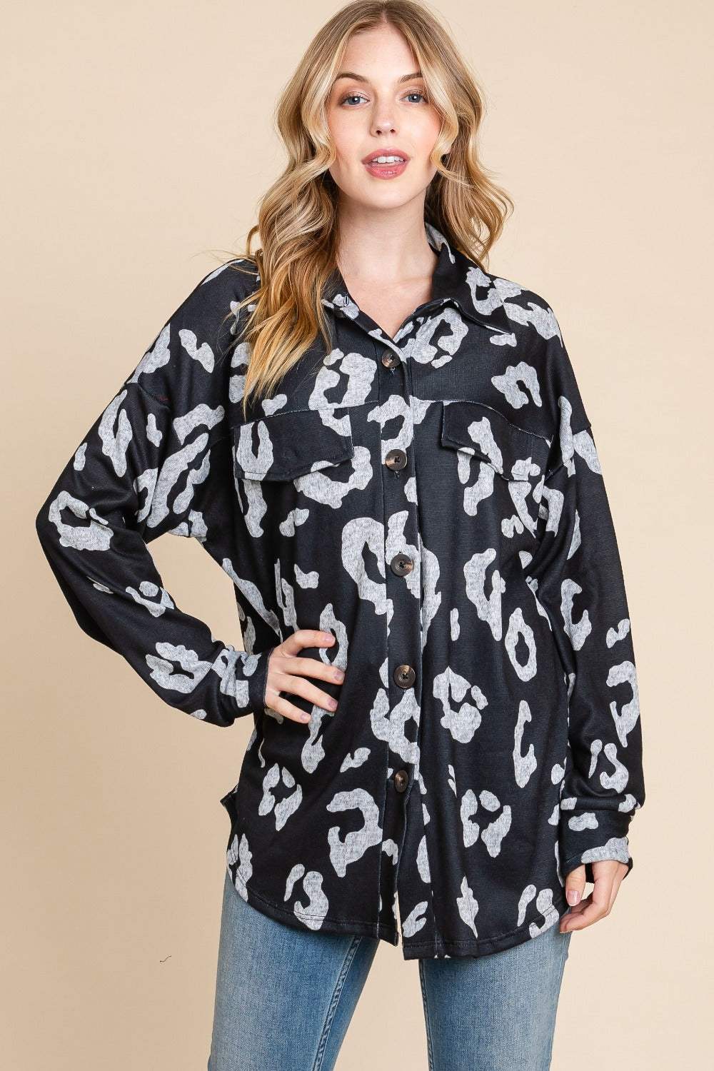 BOMBOM Animal Print Button Up Knit Shacket - Trendsi - Flyclothing LLC
