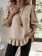 Casual Puff Sleeve Ruffle Hem Blouse - Trendsi - Flyclothing LLC