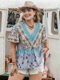 Plus Size Ruched Lace Detail Printed V-Neck Short Sleeve Blouse - Trendsi