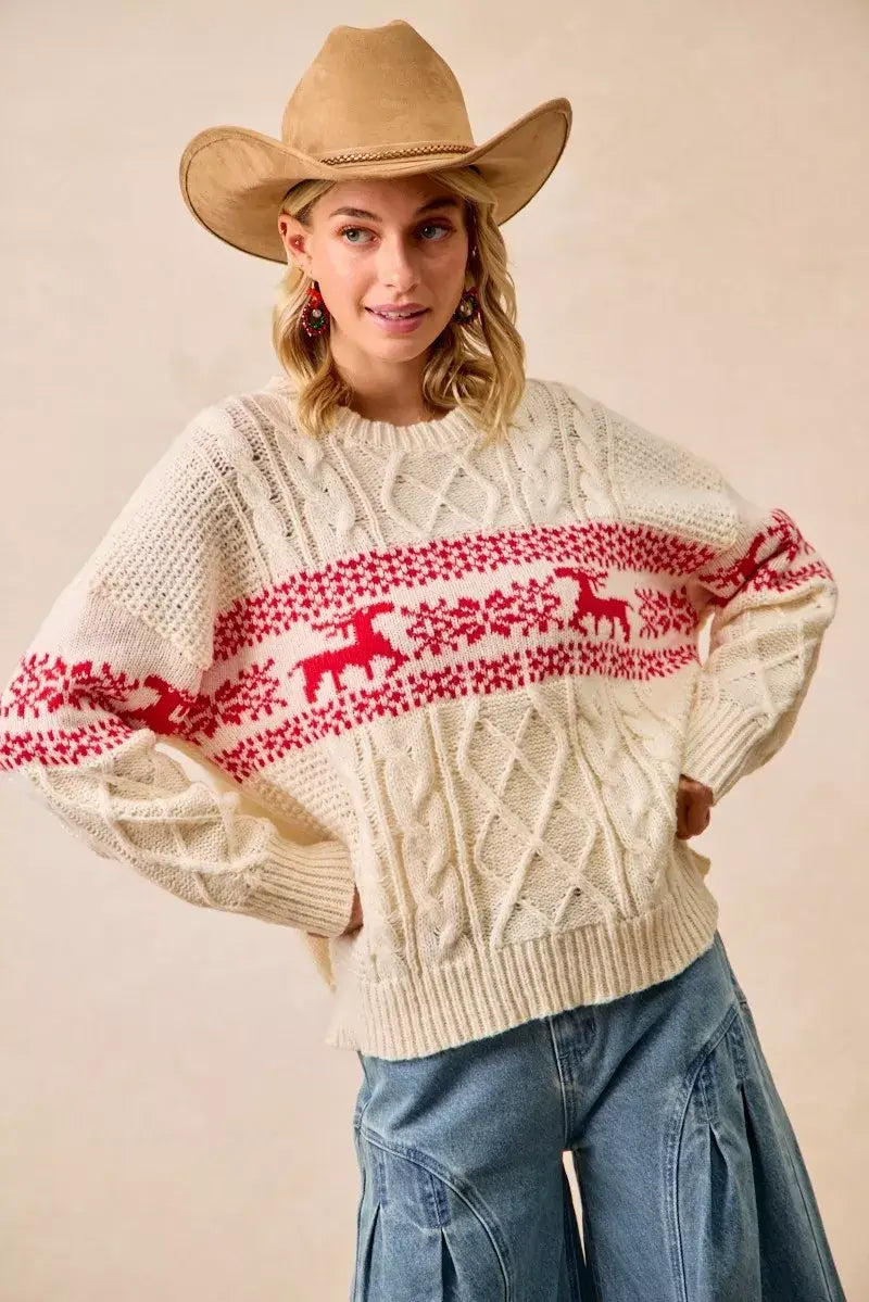 BiBi Christmas Theme Patterned Cable Knit Sweater - Trendsi - Flyclothing LLC