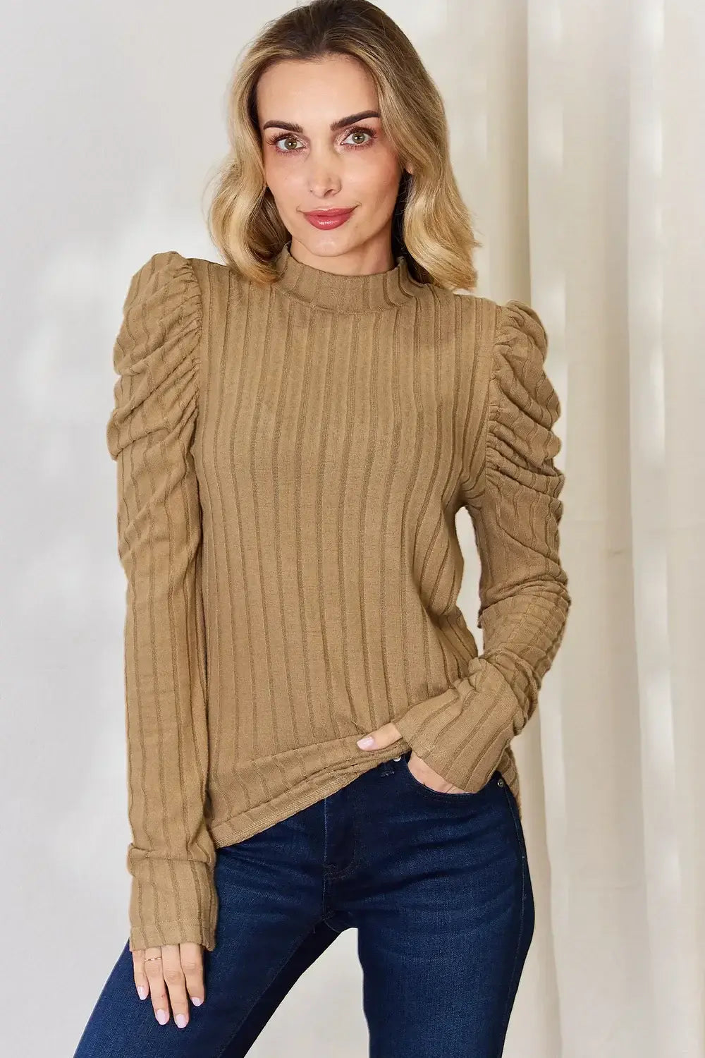 Basic Bae Full Size Ribbed Mock Neck Puff Sleeve T-Shirt - ShopBasicbae - Flyclothing LLC