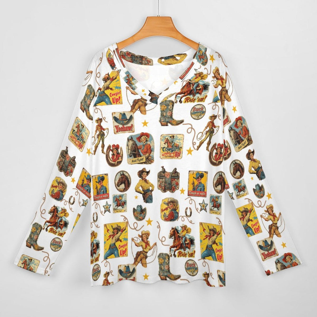 Baha Ranch Vintage Cowgirl Collage Western Print Long Sleeve Top - Baha Ranch Western Wear - Flyclothing LLC