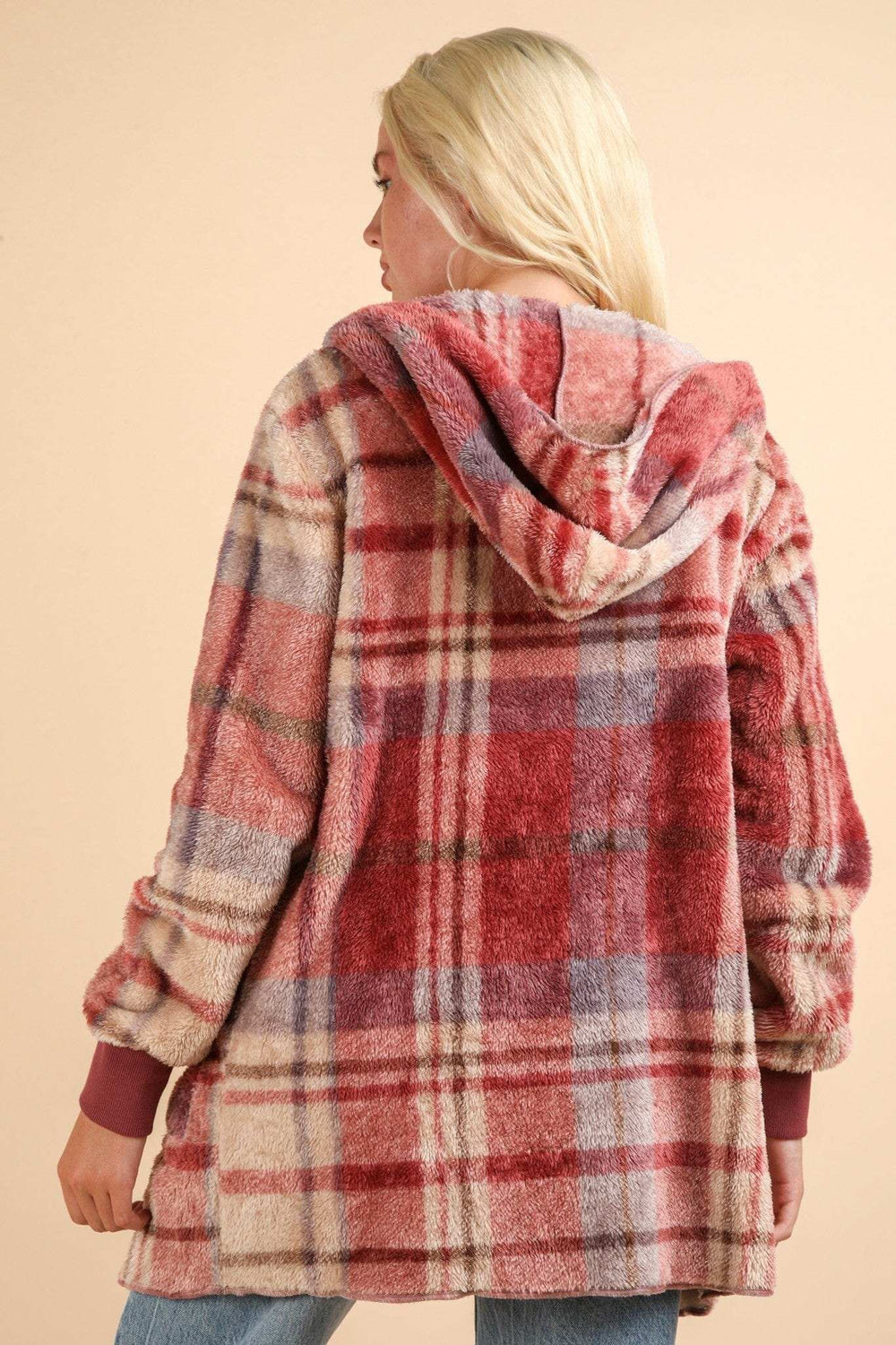 VERY J Fuzzy Plaid Long Sleeve Hooded Jacket - Trendsi - Flyclothing LLC