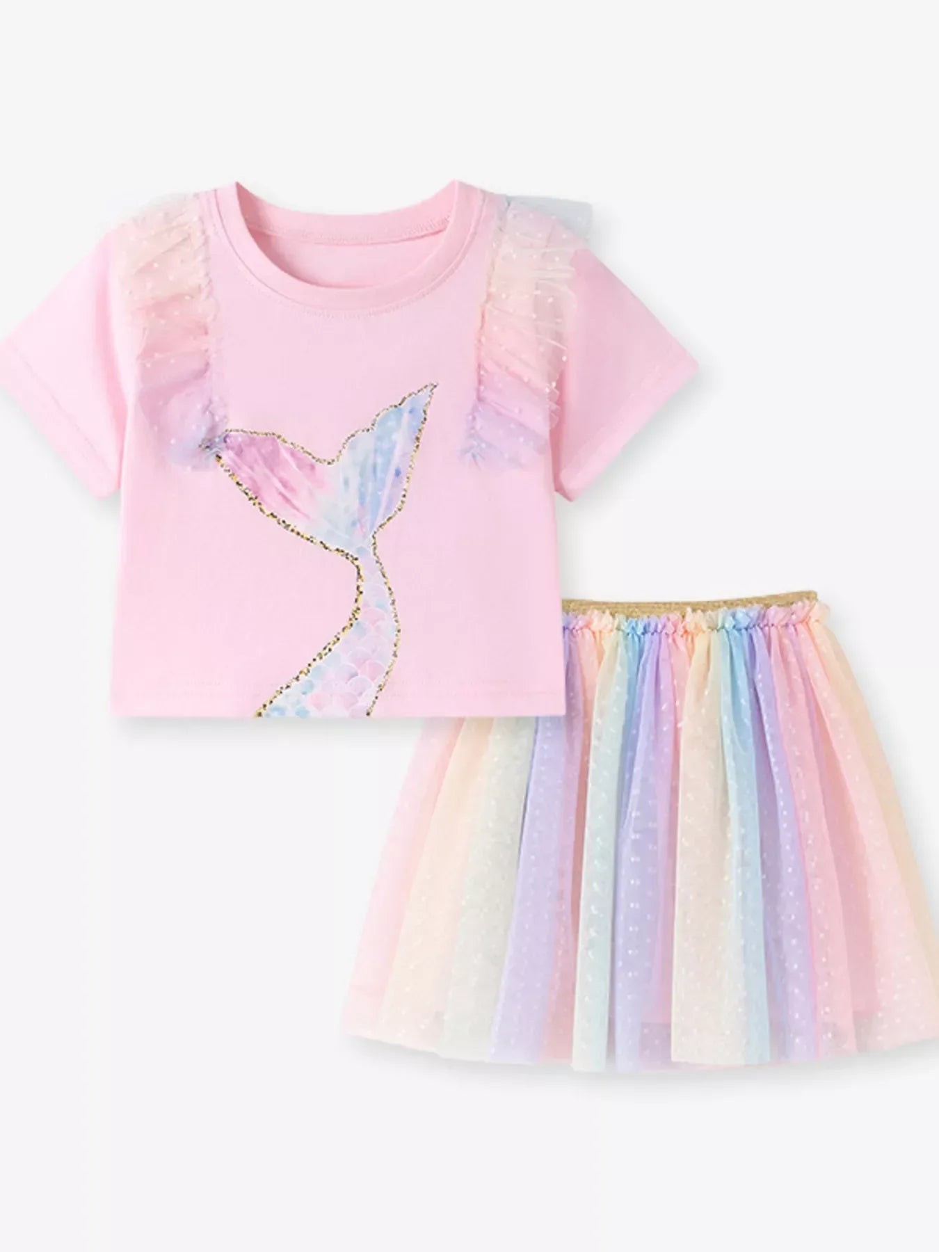 Children's Mermaid Tail Tee & Rainbow Tulle Skirt Set - Trendsi - Flyclothing LLC
