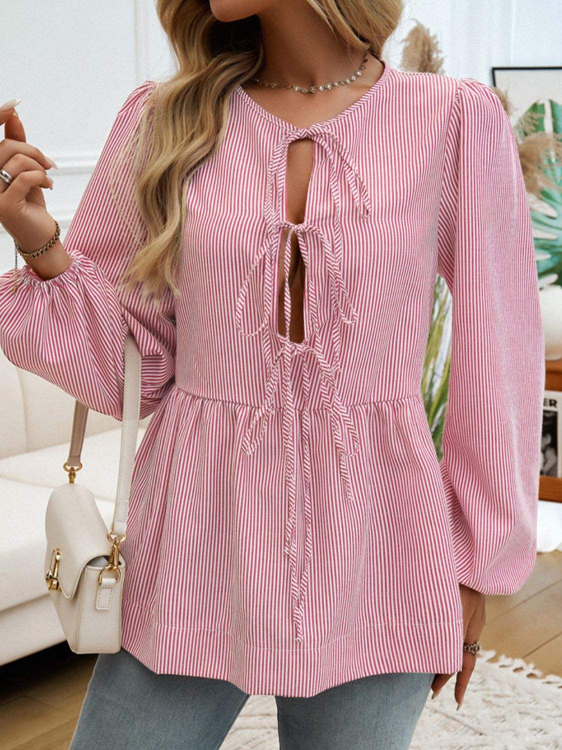 Devine Tied Striped Long Sleeve Blouse - Trendsi - Flyclothing LLC