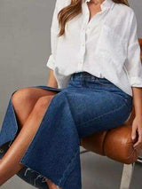 Raw Hem Front Slit Denim Midi Skirt - Trendsi - Flyclothing LLC