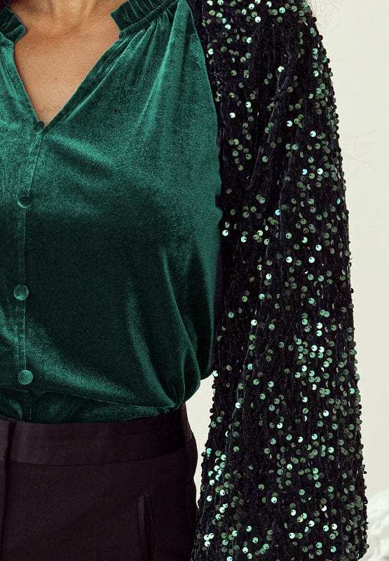 Sequin Notched Long Sleeve Blouse - Trendsi - Flyclothing LLC