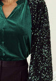 Sequin Notched Long Sleeve Blouse - Trendsi - Flyclothing LLC