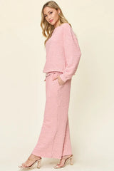 Double Take Full Size Texture Long Sleeve Top and Pants Set - Trendsi - Flyclothing LLC