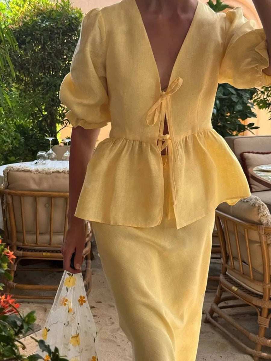 Tie Front Peplum Top and Skirt Set - Trendsi - Flyclothing LLC