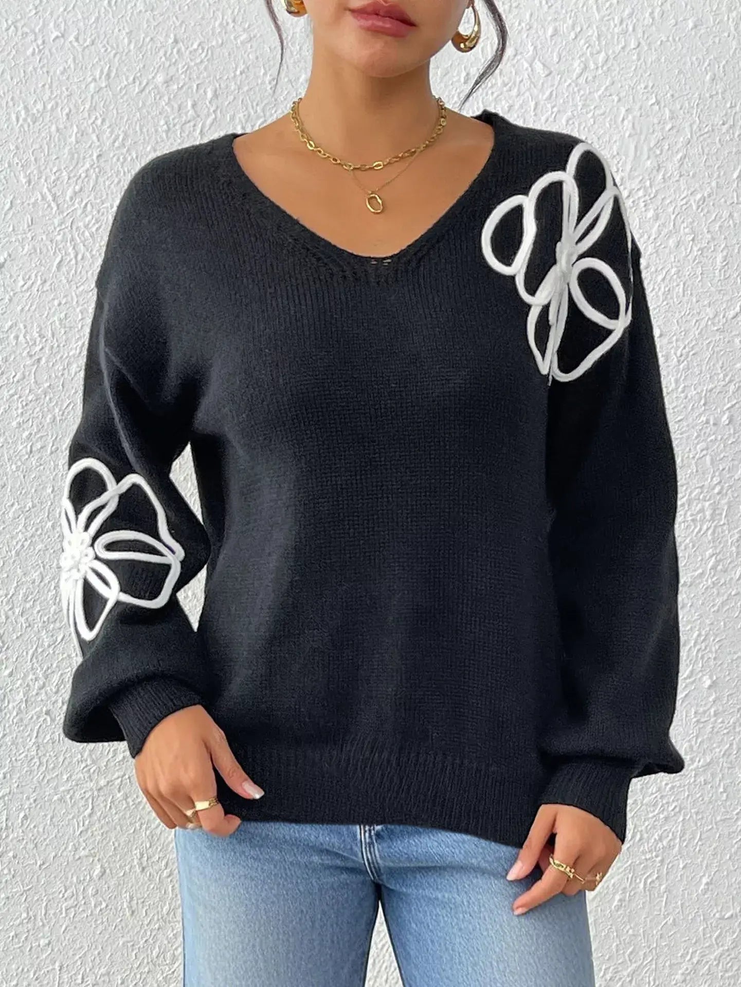 Flower V-Neck Long Sleeve Sweater - Trendsi - Flyclothing LLC