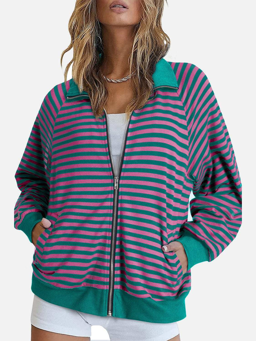 Striped Zip Up Long Sleeve Sweatshirt - Trendsi - Flyclothing LLC