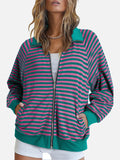 Striped Zip Up Long Sleeve Sweatshirt - Trendsi