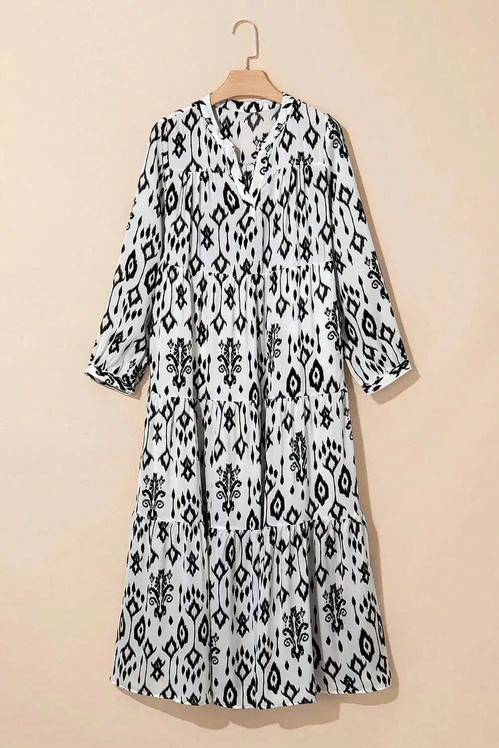 Tiered Printed Notched Long Sleeve Midi Dress - Trendsi - Flyclothing LLC