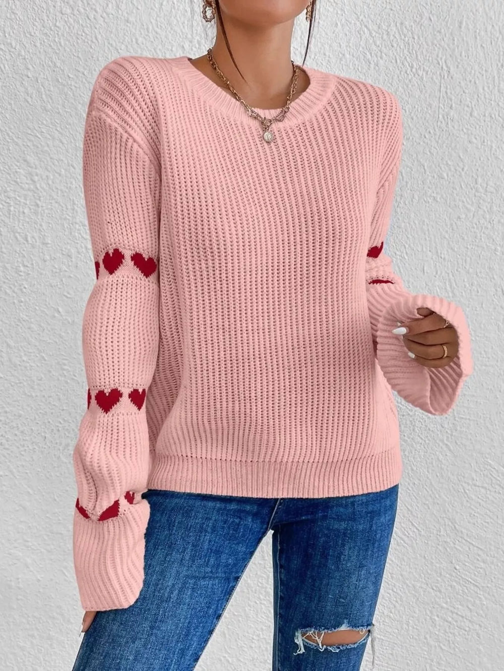 Heart Pattern Round Neck Sweater - Trendsi - Flyclothing LLC