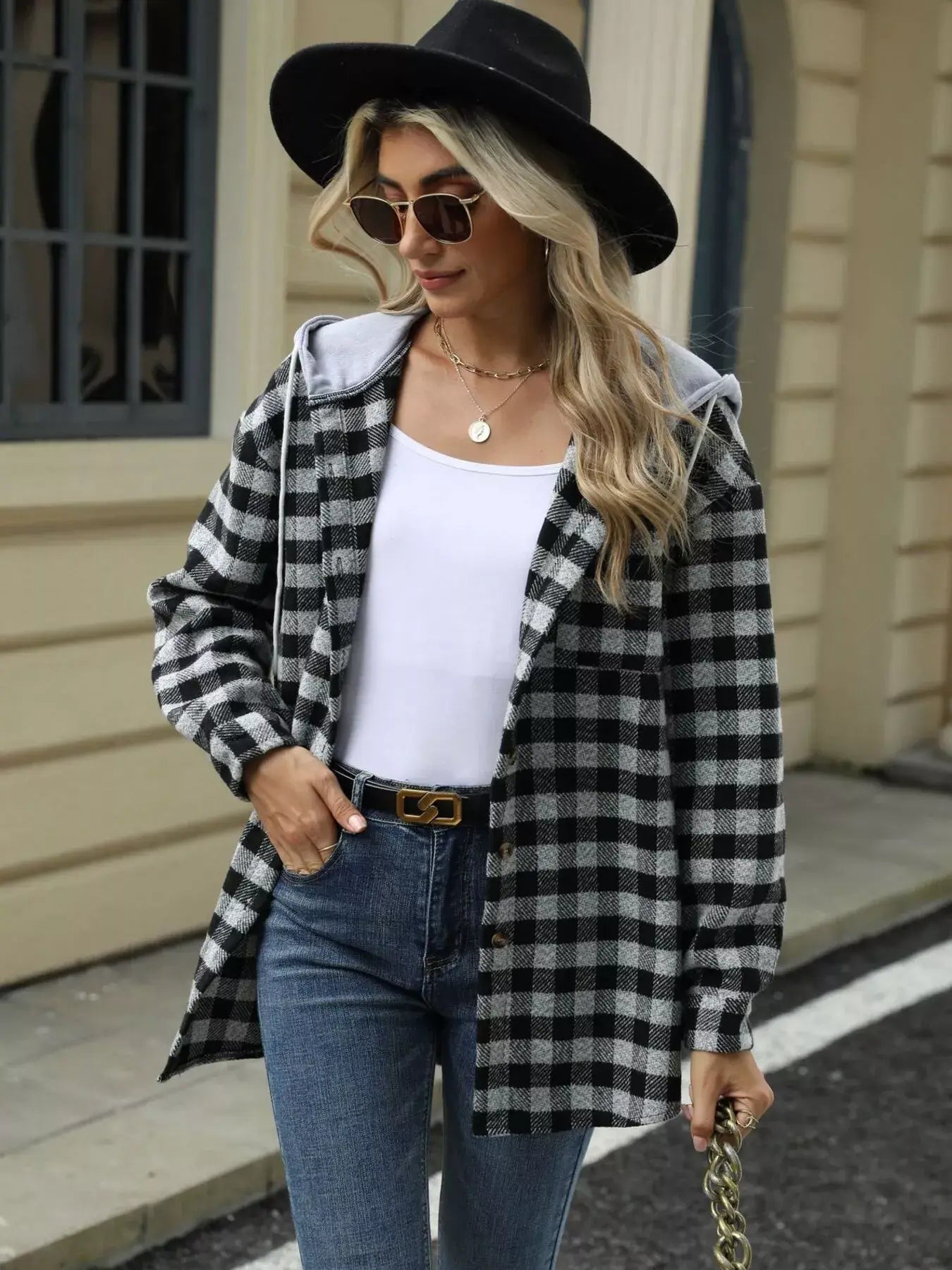 Plaid Button Up Long Sleeve Drawstring Hooded Jacket - Trendsi - Flyclothing LLC
