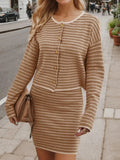 Striped Long Sleeve Top and Skirt Set - Trendsi