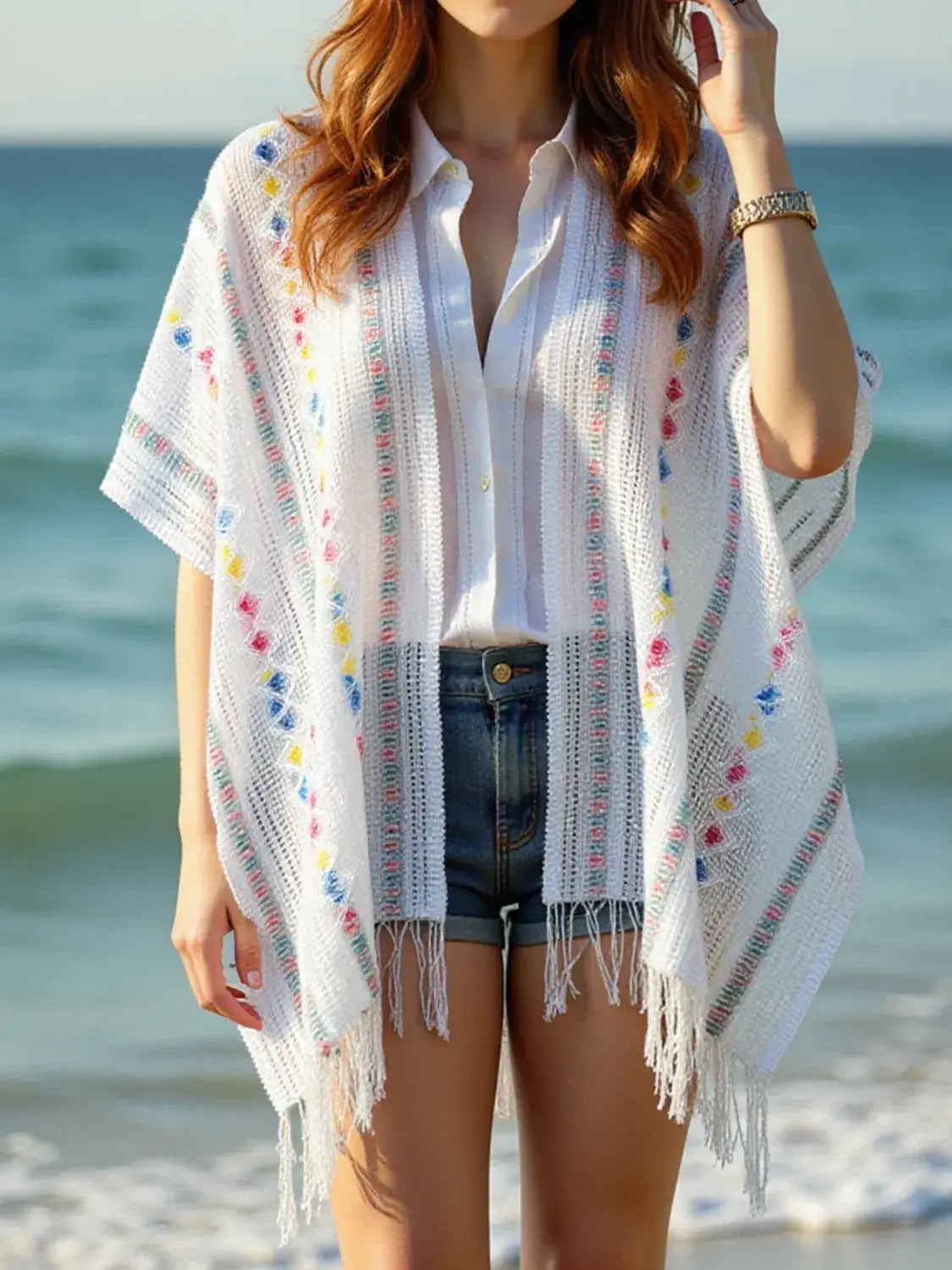 Openwork Fringe Open Front Knit Cape - Trendsi - Flyclothing LLC