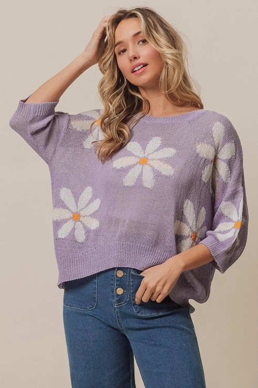 BiBi Floral Pattern Slit Sweater - Trendsi - Flyclothing LLC