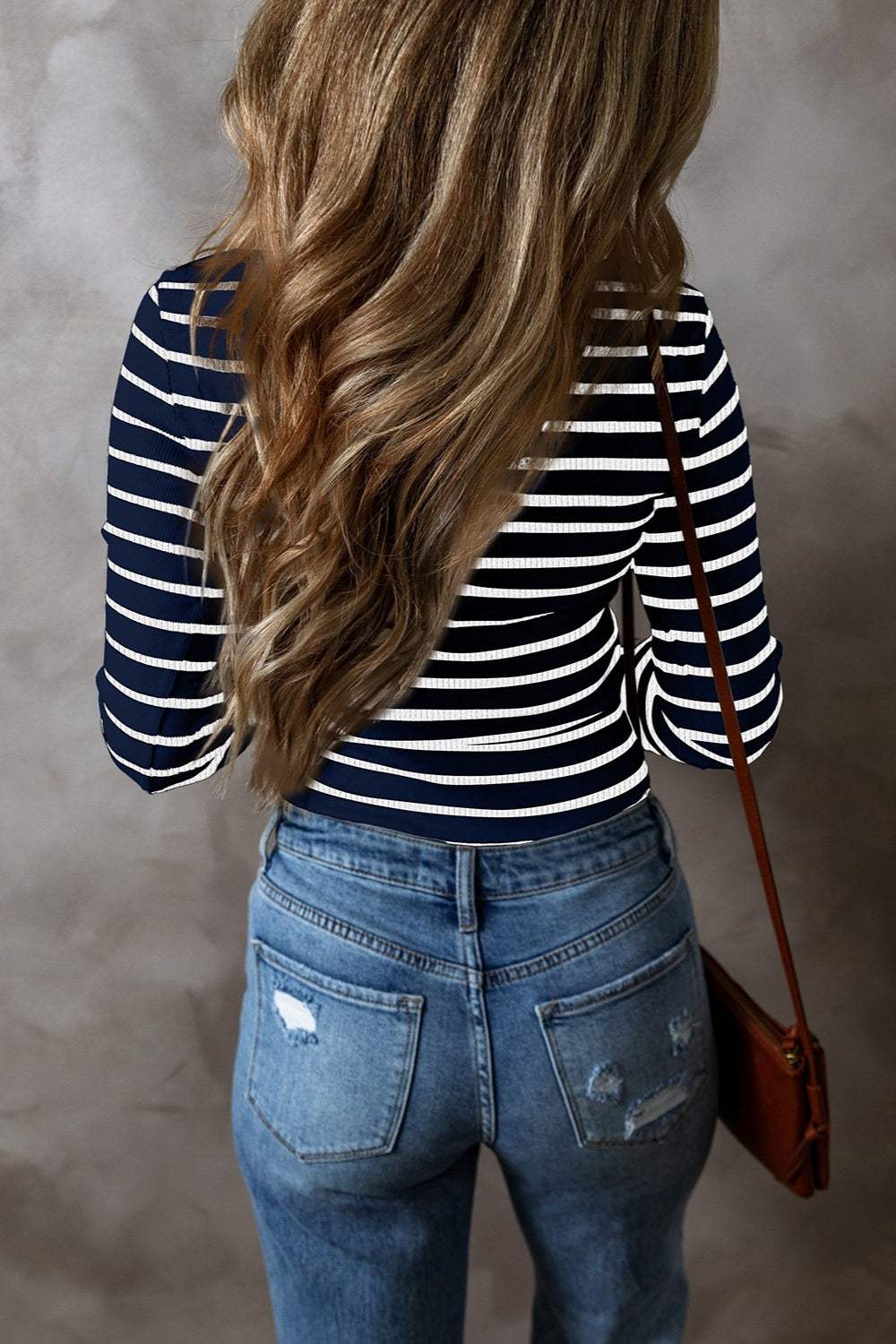 Striped V-Neck Long Sleeve Top - Trendsi - Flyclothing LLC