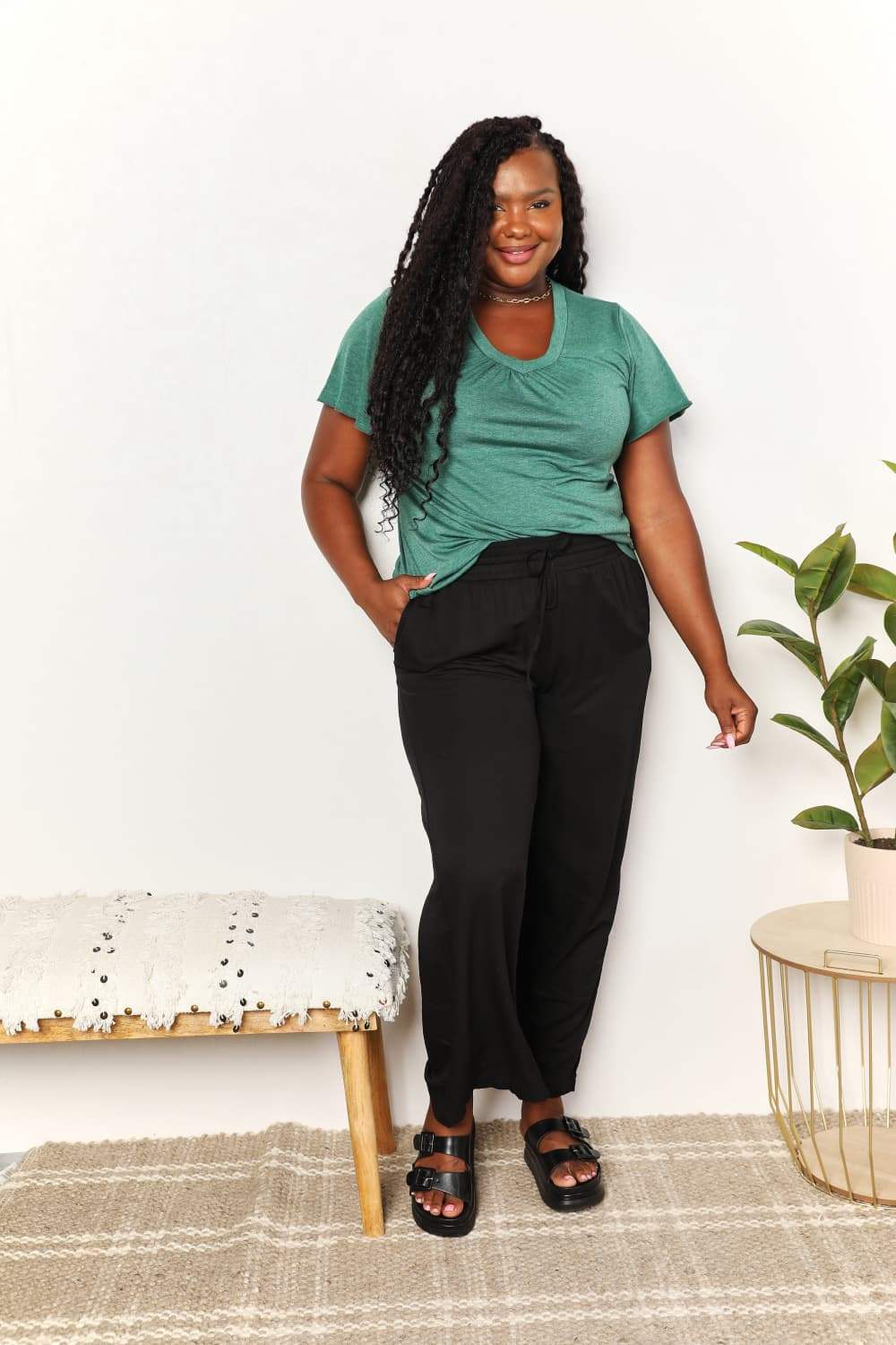 Double Take Ruched V-Neck Short Sleeve T-Shirt - Trendsi - Flyclothing LLC