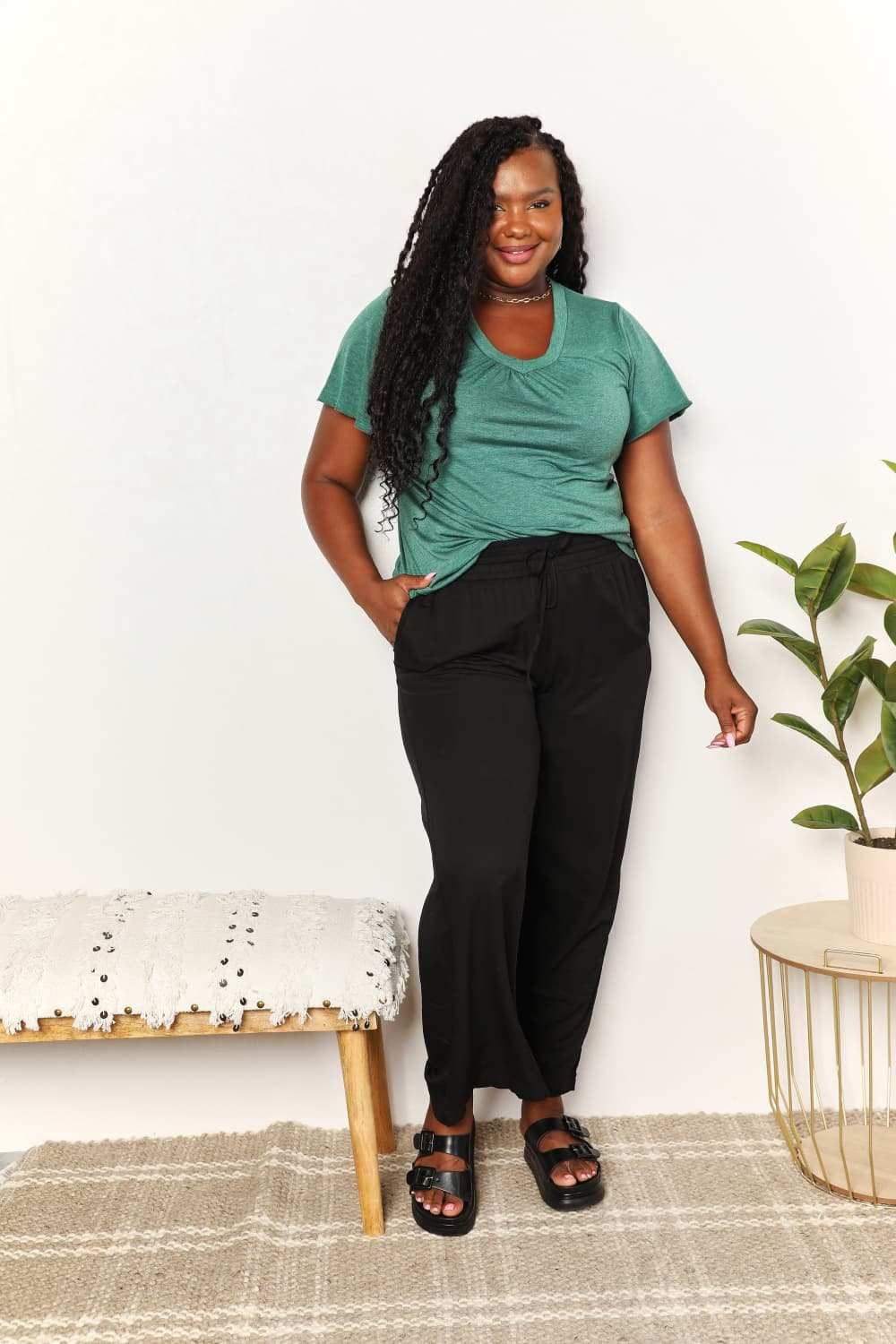 Double Take Ruched V-Neck Short Sleeve T-Shirt - Trendsi - Flyclothing LLC