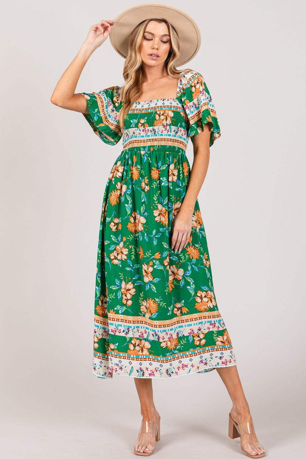 SAGE + FIG Printed Smocked Short Sleeve Midi Dress - Trendsi