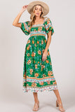 SAGE + FIG Printed Smocked Short Sleeve Midi Dress - Trendsi