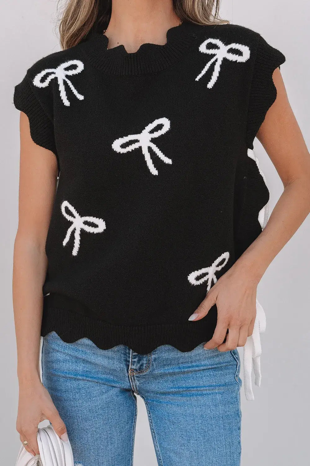 Bow Side Ties Scalloped Hem Cap Sleeve Sweater - Trendsi - Flyclothing LLC
