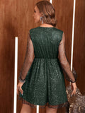 Glitter Surplice Long Sleeve Mini Dress - Trendsi