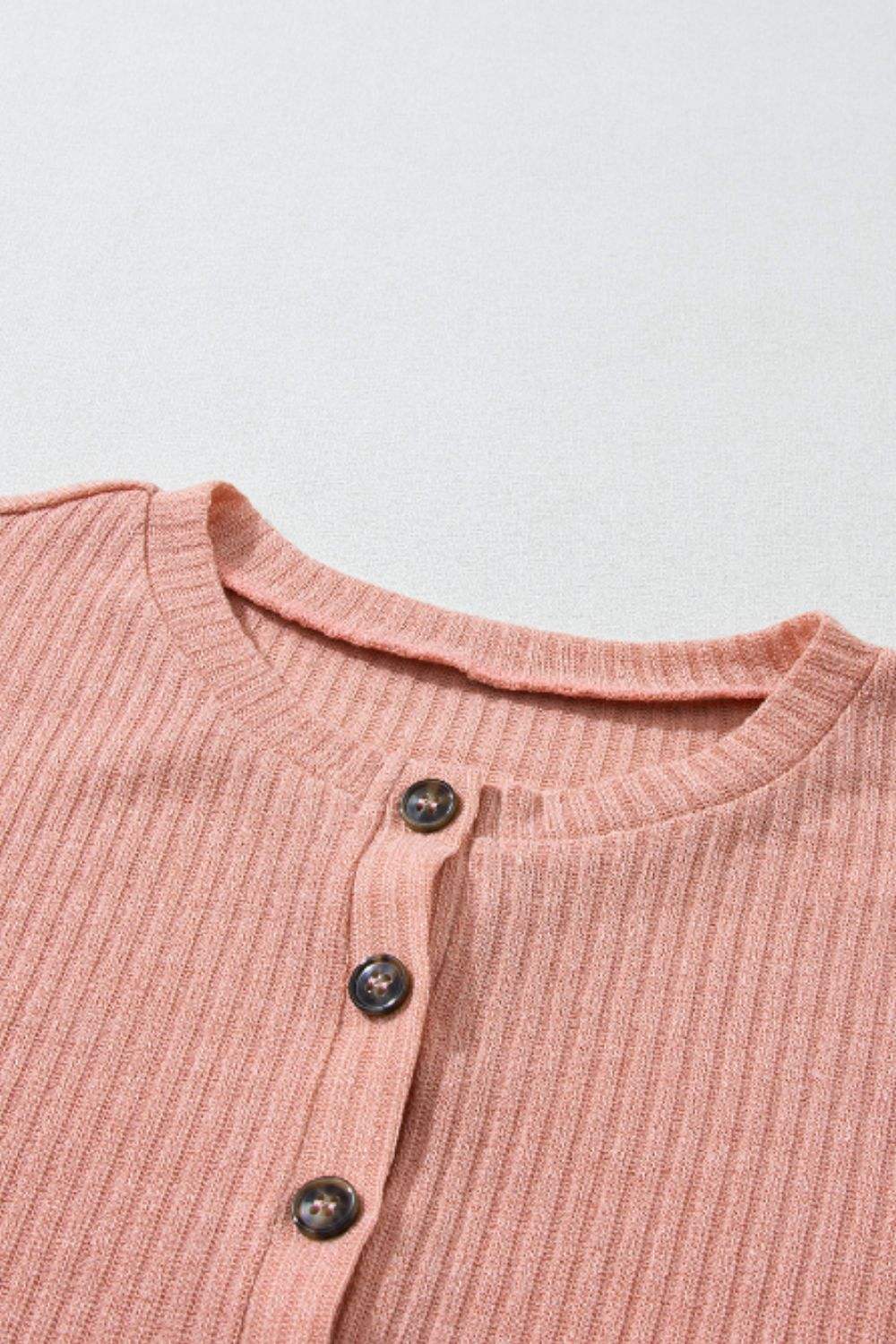 Quarter Button Round Neck Dropped Shoulder Knit Top - Trendsi - Flyclothing LLC