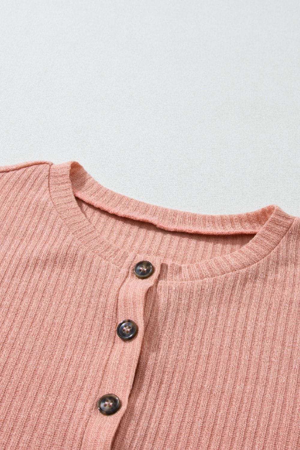 Quarter Button Round Neck Dropped Shoulder Knit Top - Trendsi - Flyclothing LLC