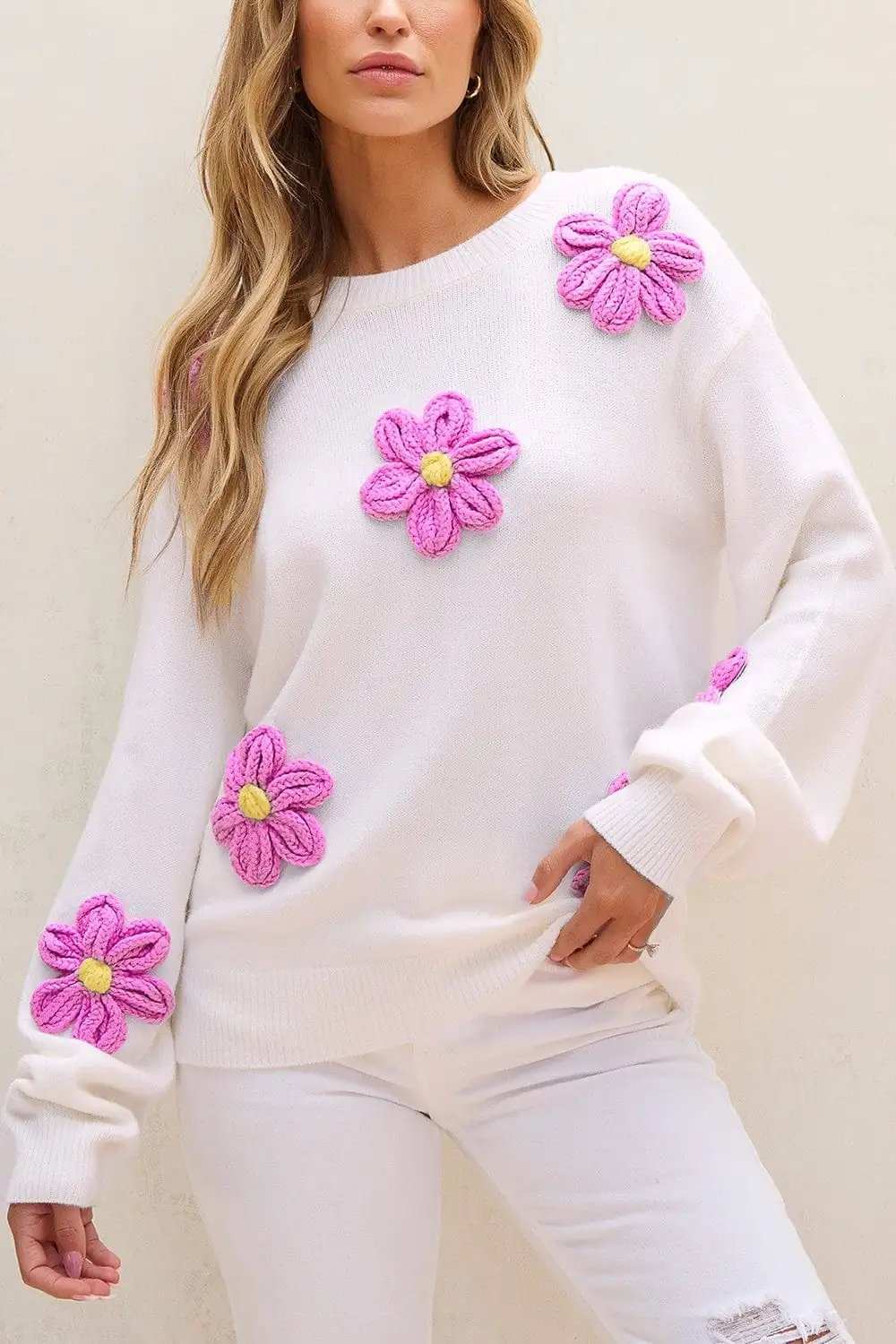 Crochet Flower Round Neck Long Sleeve Sweater - Trendsi - Flyclothing LLC