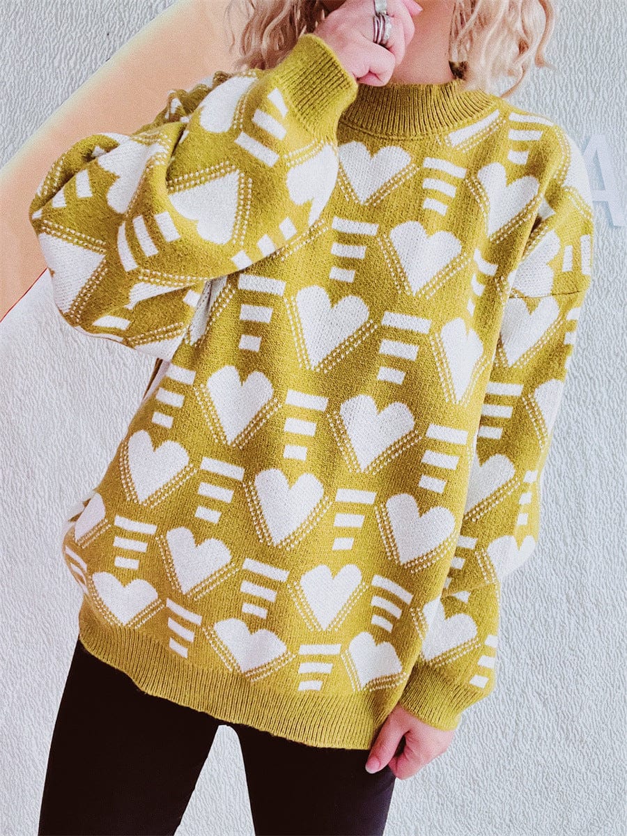 Heart Contrast Long Sleeve Dropped Shoulder Sweater - Trendsi