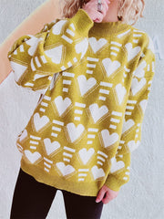 Heart Contrast Long Sleeve Dropped Shoulder Sweater - Trendsi