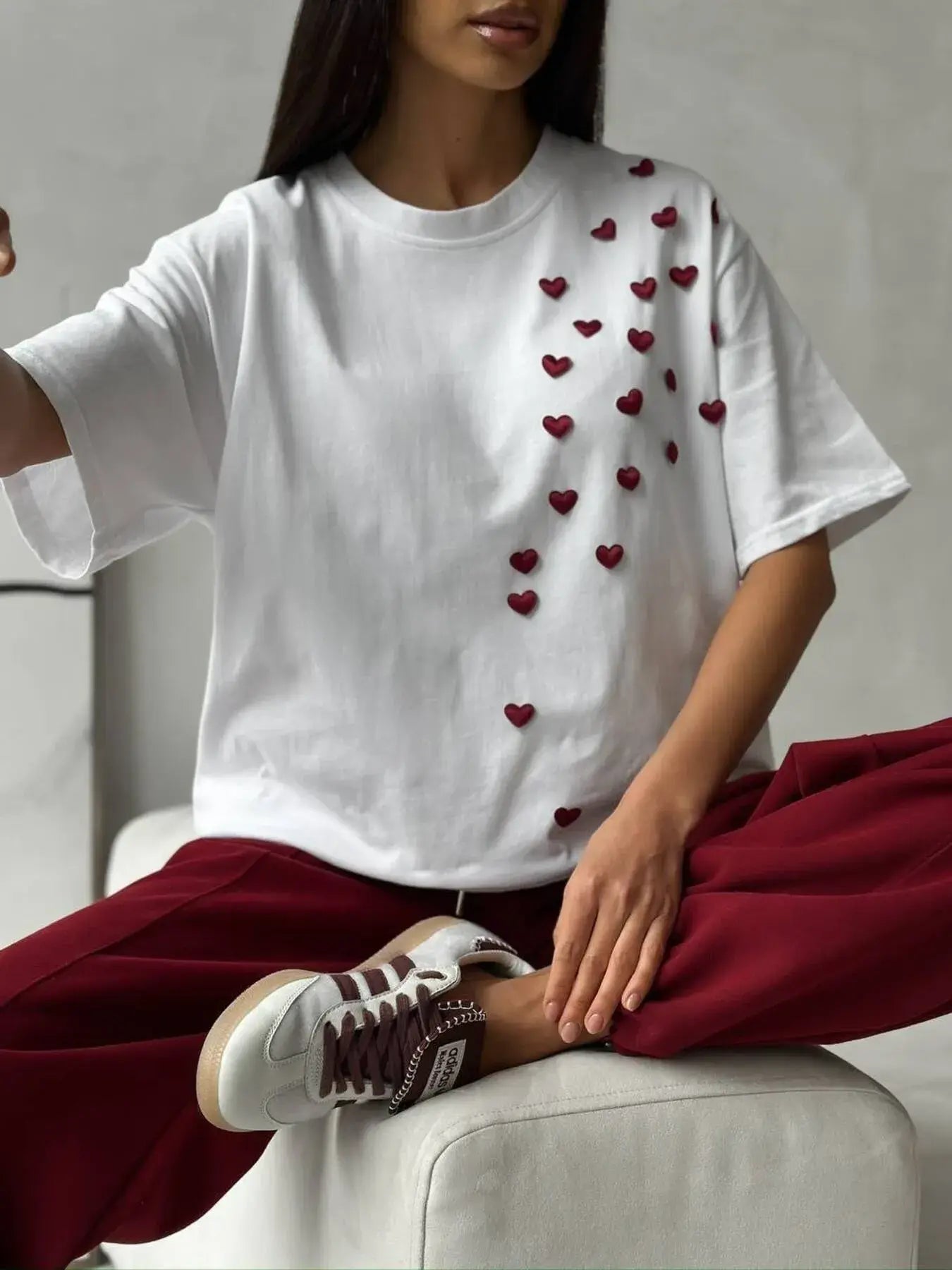 Plus Size Heart Round Neck Short Sleeve T-Shirt - Trendsi - Flyclothing LLC