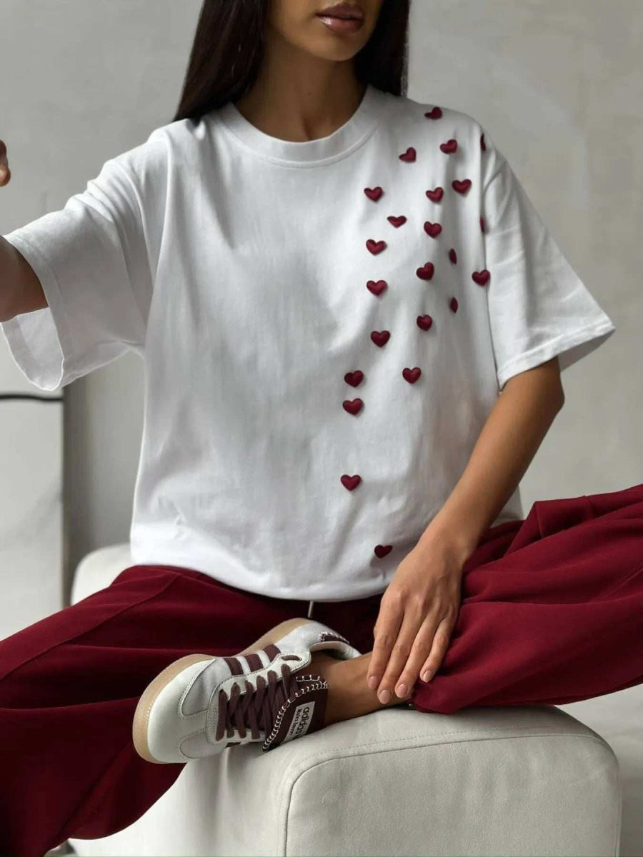 Plus Size Heart Round Neck Short Sleeve T-Shirt - Trendsi - Flyclothing LLC