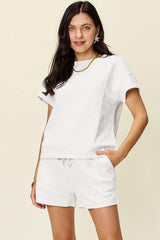 Double Take Full Size Texture Short Sleeve T-Shirt and Drawstring Shorts Set - Trendsi - Flyclothing LLC