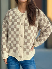 Checkered Button Up Round Neck Cardigan - Trendsi