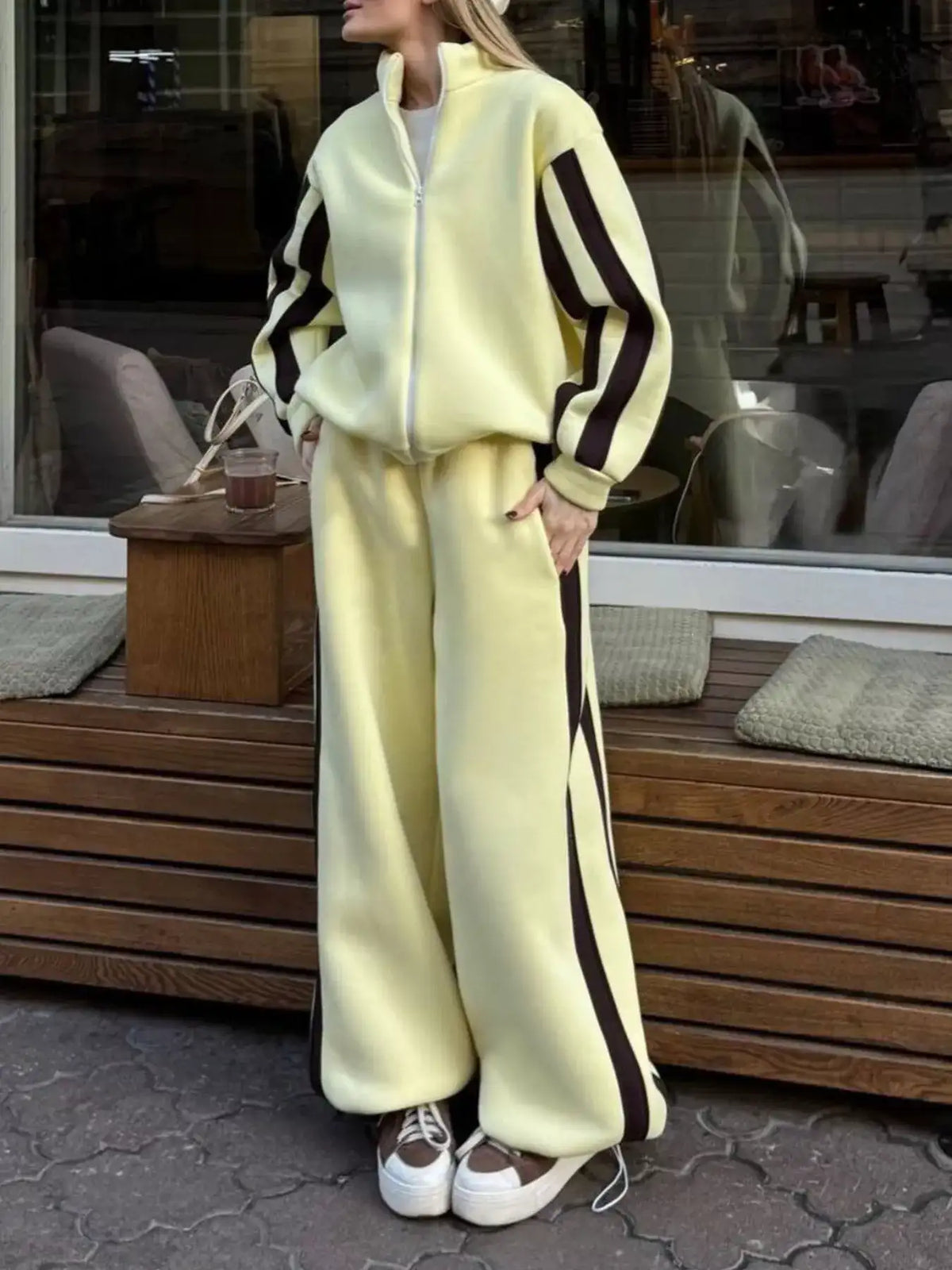 Contrast Striped Zip Up Top and Pants Set - Trendsi - Flyclothing LLC