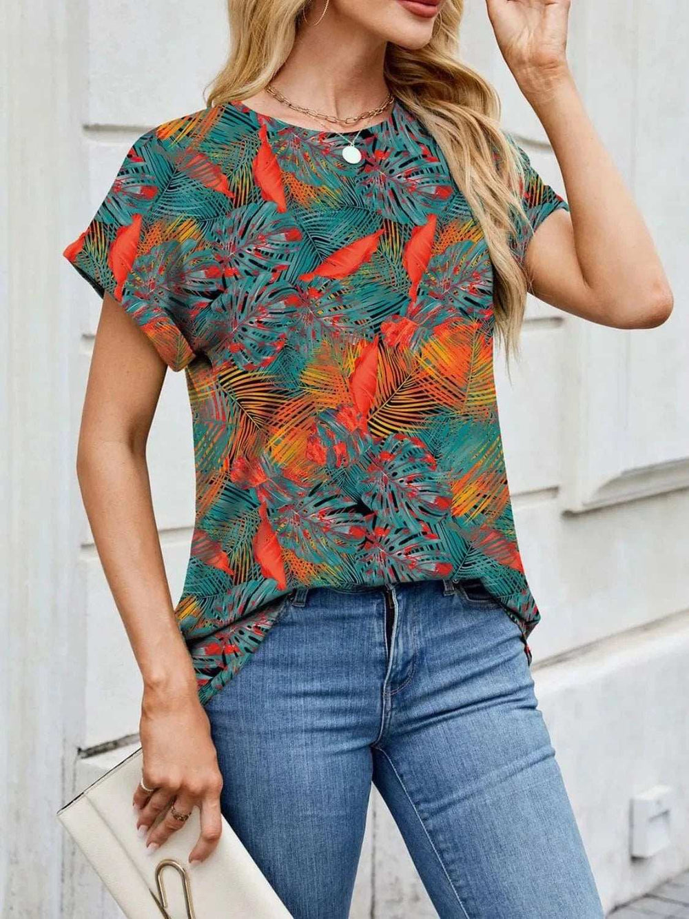 Printed Round Neck Short Sleeve Top - Trendsi - Flyclothing LLC