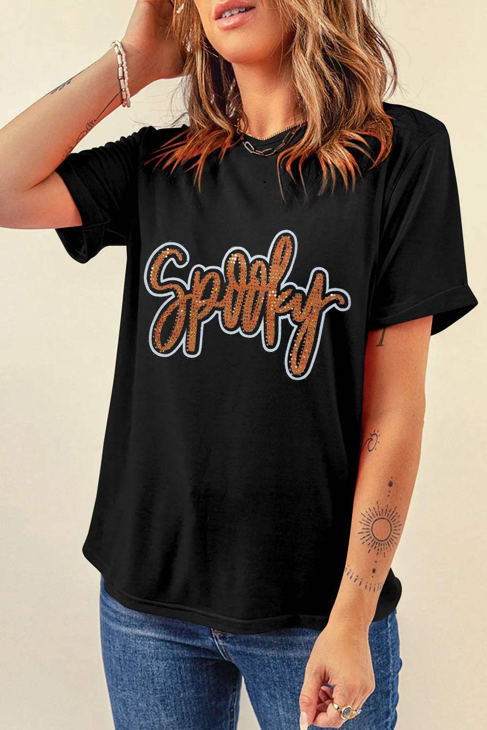 Rhinestone Letter Round Neck Short Sleeve T-Shirt - Trendsi - Flyclothing LLC